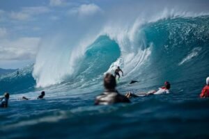 des surfeurs s'apprêtent à prendre une énorme vague
