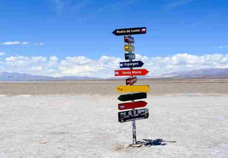 Un espèce de totem avec des pancartes dans tous les sens qui indique les villes.